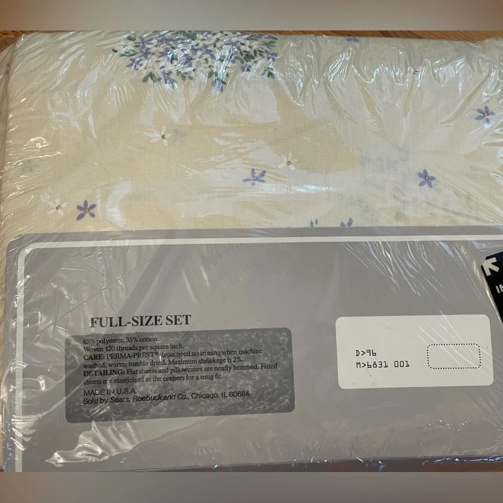 🆕Sears Full-Size Sheet Set beige with‎ Purple Floral cottage core 1980s double